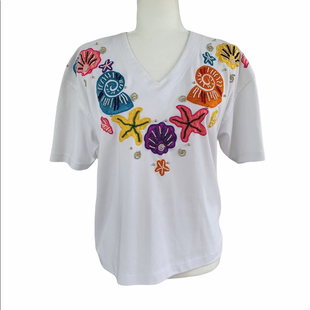 Vintage Soft Tee by Victoria Harbour with Beaded Shell Appliqués